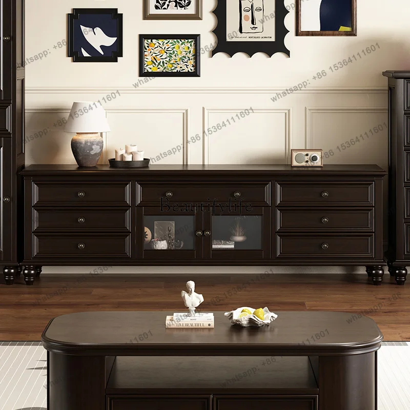 LD33American retro all-solid wood TV cabinet, living room dark with pump storage cabinet