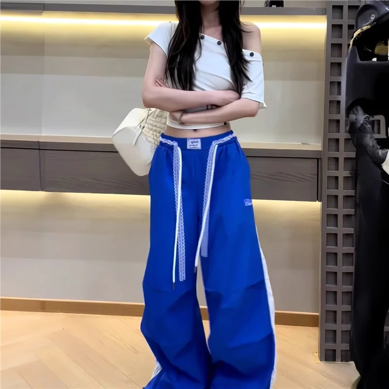 Trendy American Klein Blue Splicing Lace Design Thin Quick Dry Work Pants Sports Wide Leg Casual Paratrooper Pants 5