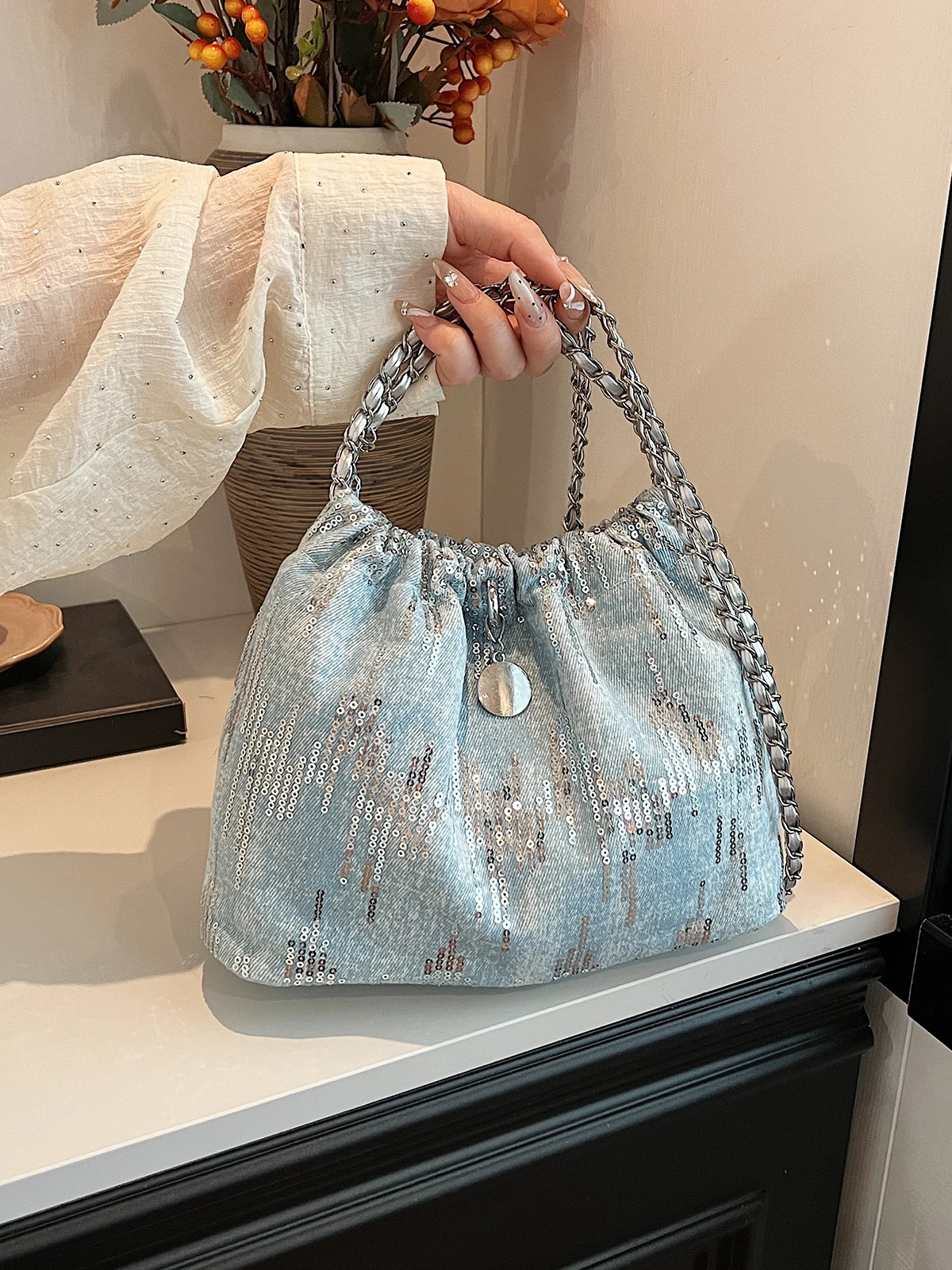 Sequin Chian Denim Shoulder Bag For Women 2024 Y2K Trend Korean Fashion Handbags And Purses Female Crossbody Bucket Bags