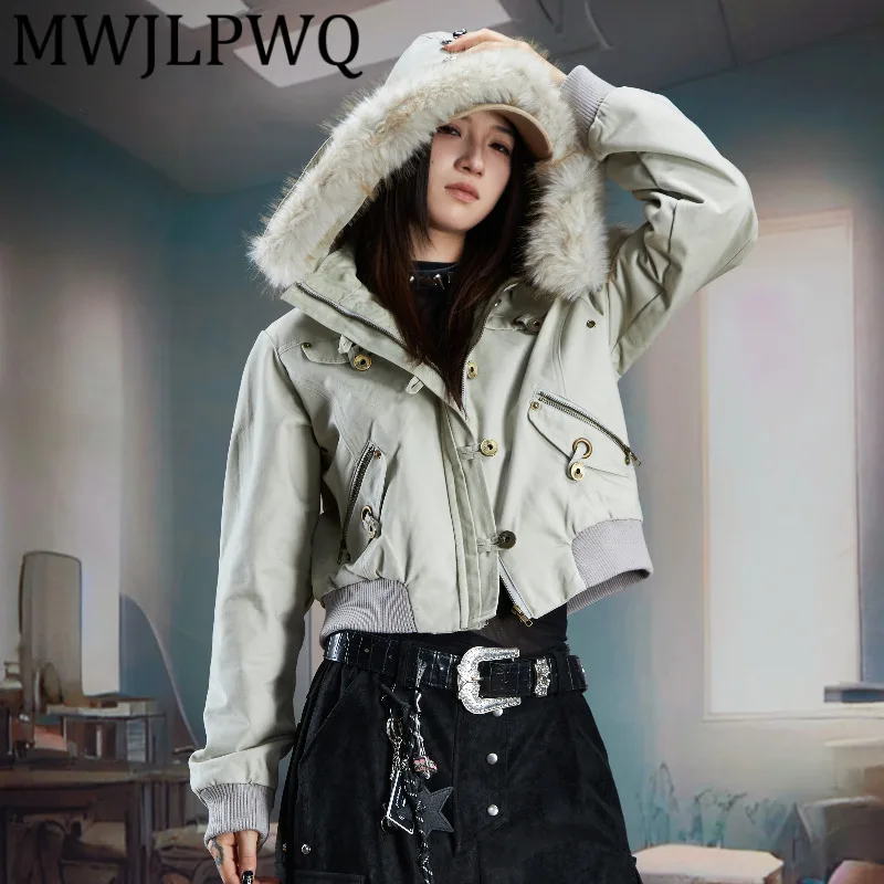 

MWJLPWQ Detachable Furry Hooded Short Jacket High Street Light Punk Slim Fit Zipper Trendy Women's Style Casual Autumn Top 11907
