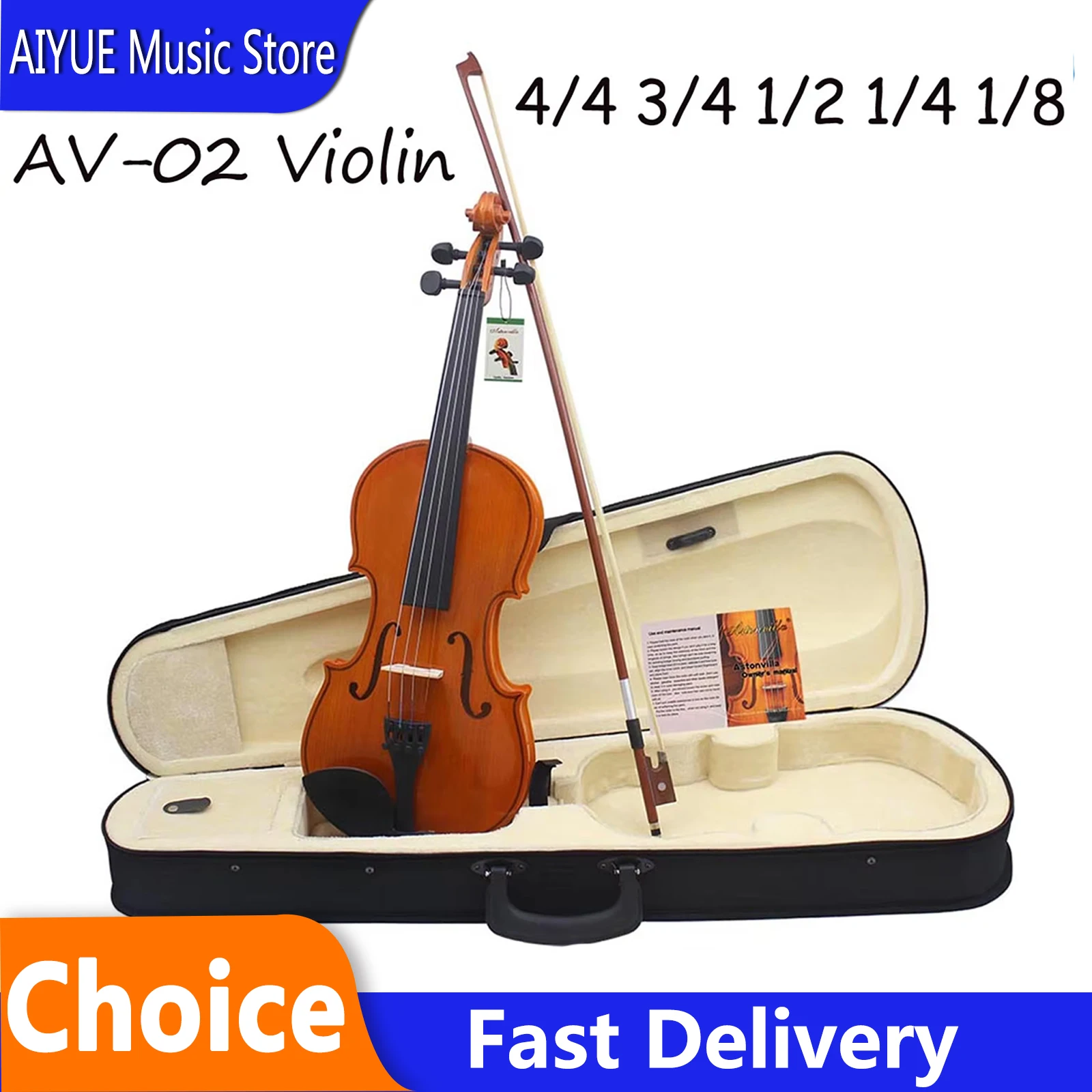 Violín Astonvilla AV-02 de Madera Maciza, Ligero, Color Natural, Tallado a Mano, para Principiantes, con Accesorios, Instrumentos de Violín