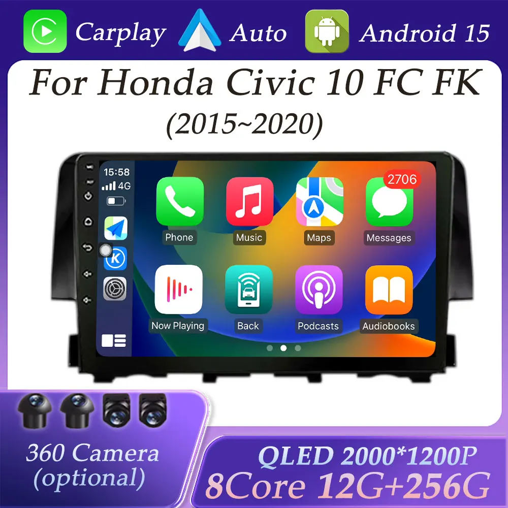 

GPS Navigation for Honda Civic 10 FC FK 2015-2020 CarPlay Car Radio Video Audio Multimedia Player DSP Stereo BT WIFI QLED Screen