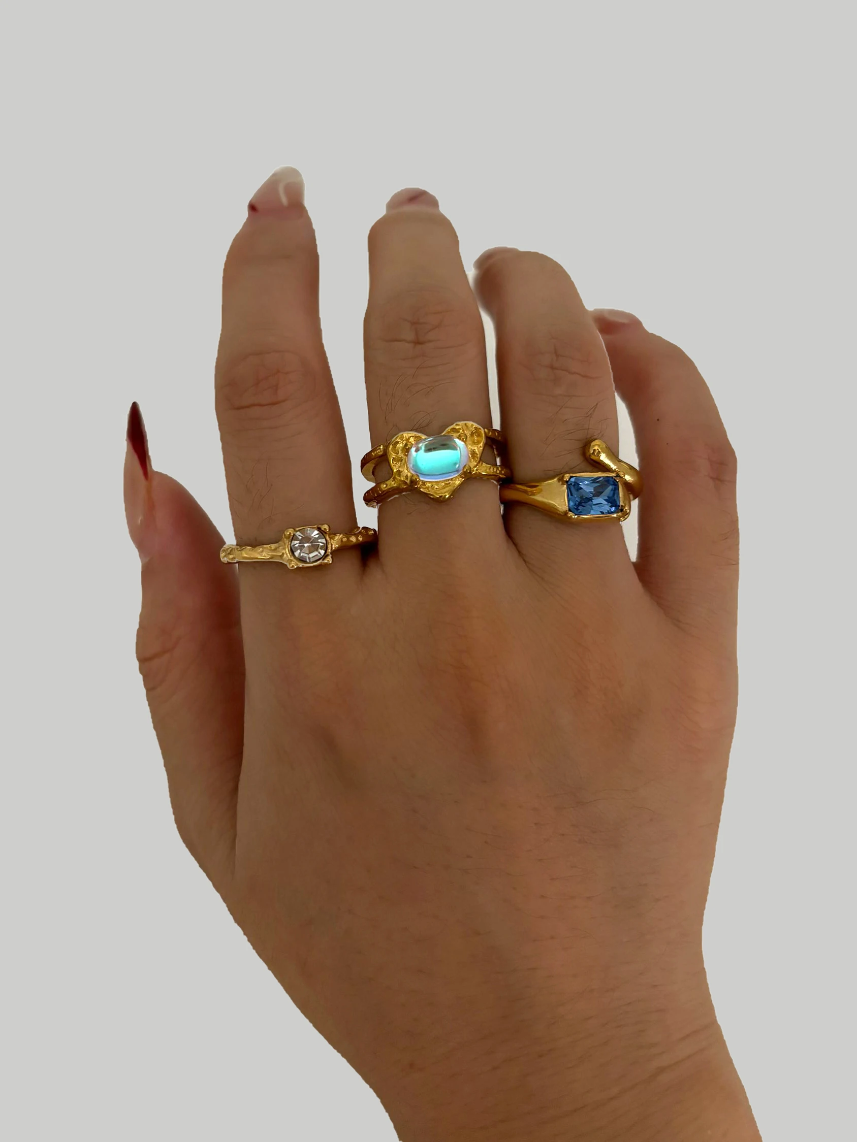 Peri\'sbox Vintage Elegant Gold Plated Geometric Moonstone Zircon Rhinestone Open Rings for Women Party Daily Jewelry Waterproof