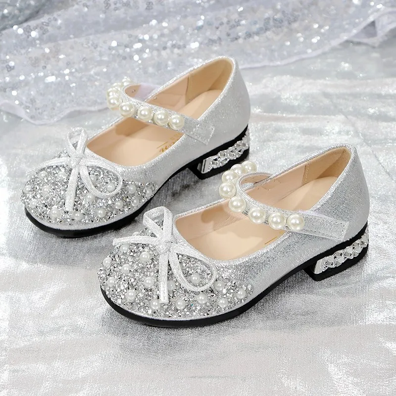 Silver/pink Girls Leather Shoes Non-slip Pearl Bow Spring and Autumn Outdoor PU Girls Casual Leather Shoes Sandalias De Mujer