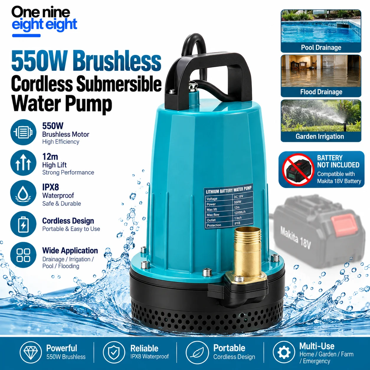 550W Brushless Cordless Submersible Water Pump 12m High Lift IPX8 Waterproof DC Drainage Pump Compatible with Makita 18V Battery