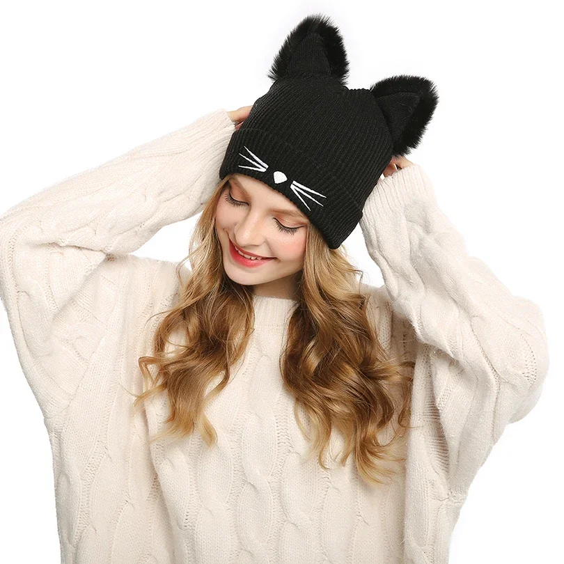 Winter Warm Hats for Women's Cat Ears Skullies Hat Black Hats Hot Drilling  New Beanies Girls Rhinestone Outdoor Cap Head