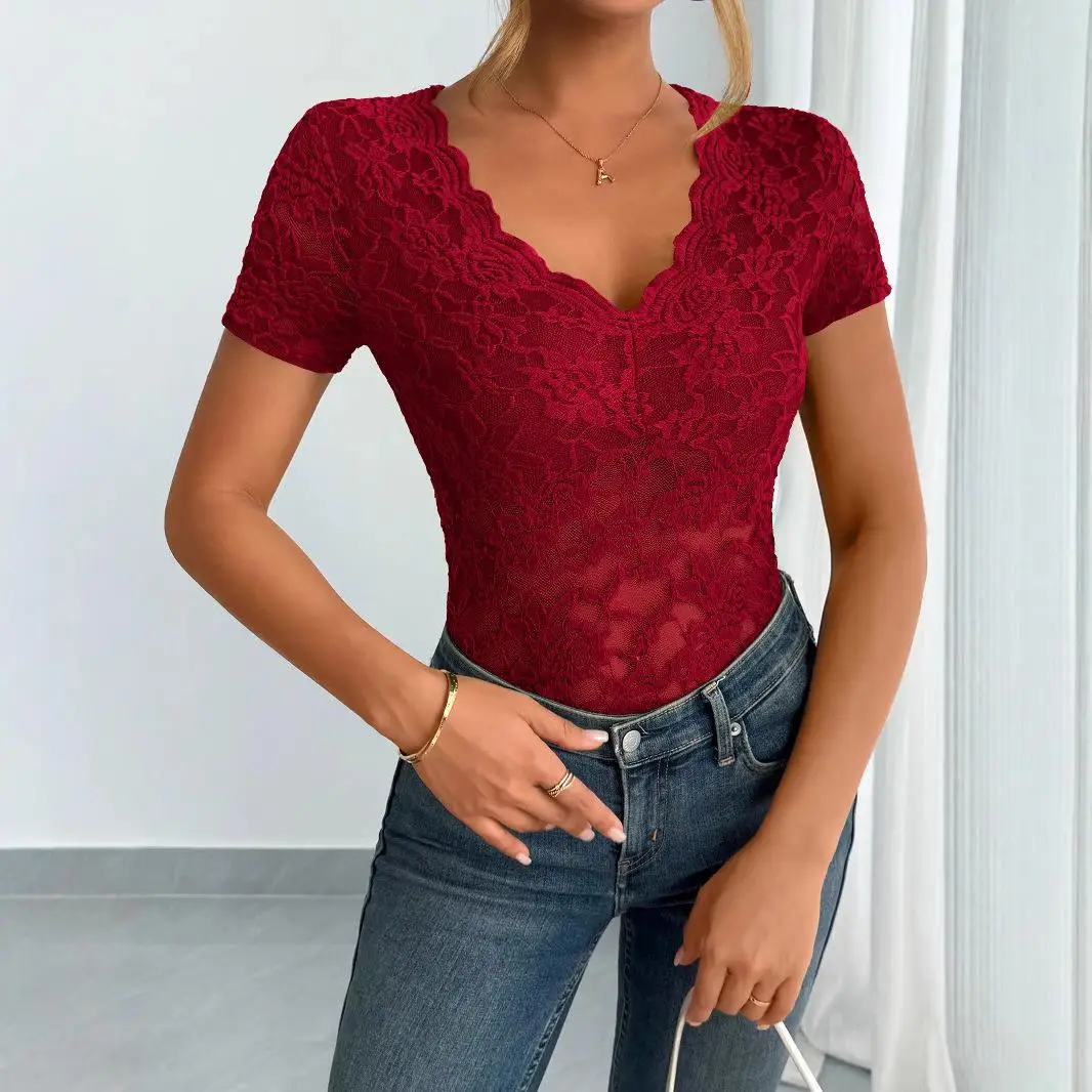 

Ele Women's ort Sve Lace Collar irt Lace Base Slim Fit T-irt Floral Pattern Knitted Top for Ladies Spring Season