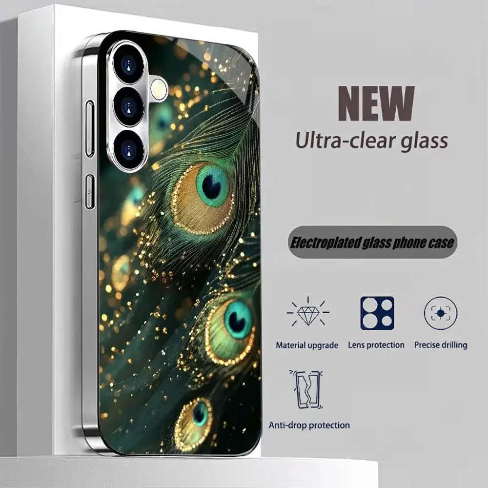 Green peacock feathers Tempered Glass Fashion phone case for Samsung Galaxy S26/S25/S24/S23/S22/S21 FE Ultra Plus Dropresistant