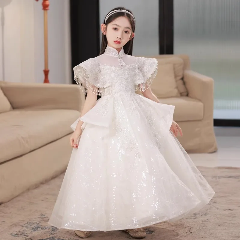 Elegant Flower Girls Dress For Wedding Party High Neck Tassels Cap Sleeves Concert Junior Bridesmaid Gown