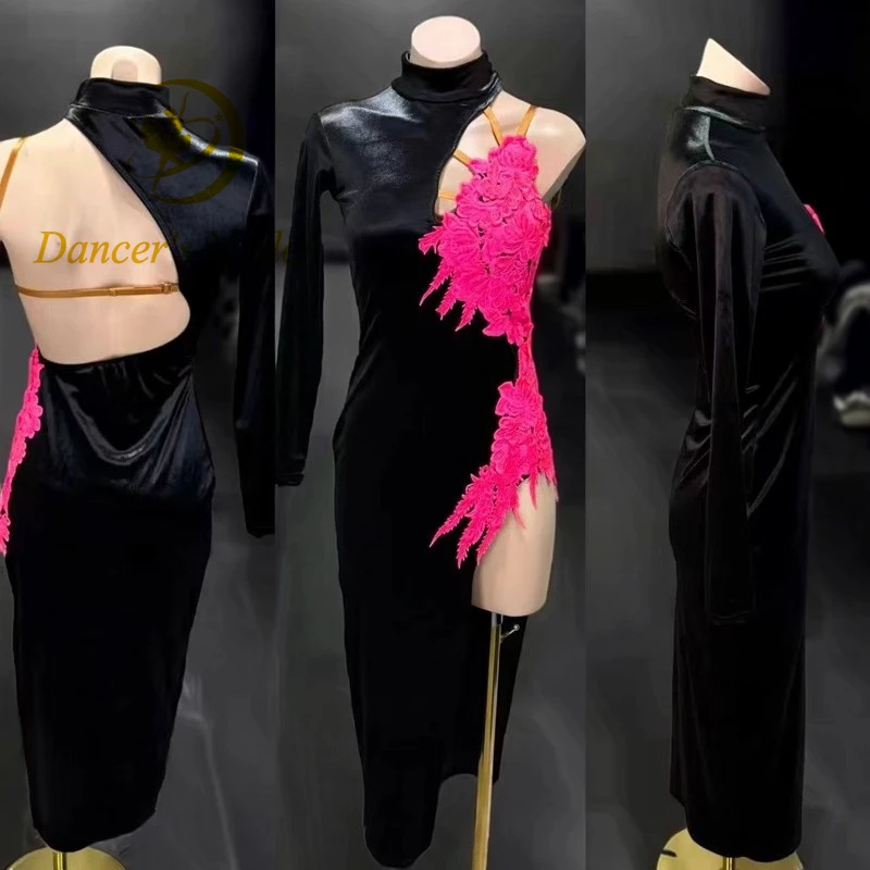 فستان الرقص اللاتيني AB Stone للنساء البالغات والأطفال فستان مخملي مخصص عالي الجودة باللون الأحمر الوردي المطرز فستان أداء السامبا