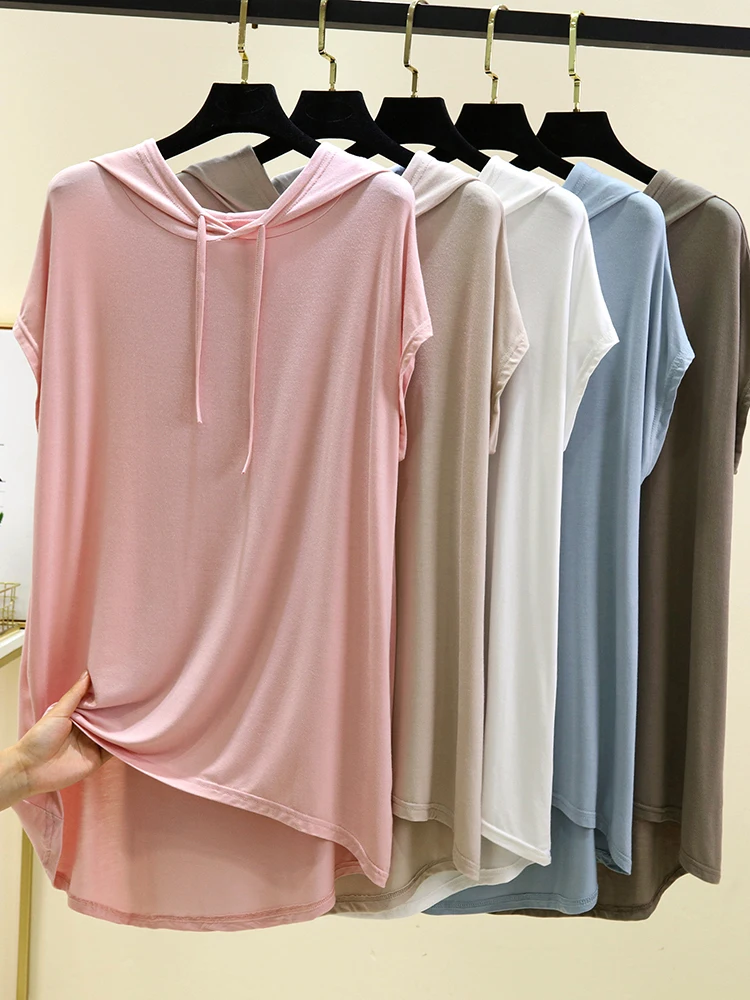 

Повседневная футболка из модала ort Sve, женская летняя тонкая футболка большого размера, простая цветная основа, свободная футболка с капюшоном