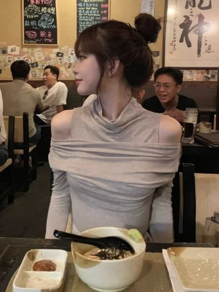 Camisetas lisas con hombros descubiertos para Mujer, manga larga, elegante, ajustada, estilo coreano, diseño que combina con todo, ropa de calle de ocio para Mujer