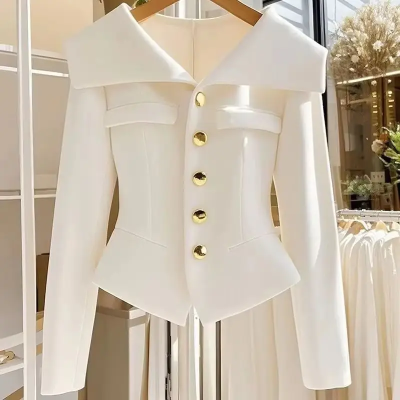 

2025 New High Quality Autumn White Women's Coat Long Sleeve Slim Waist Chic Short Single-breasted Office Jackets Ladies Outwear
