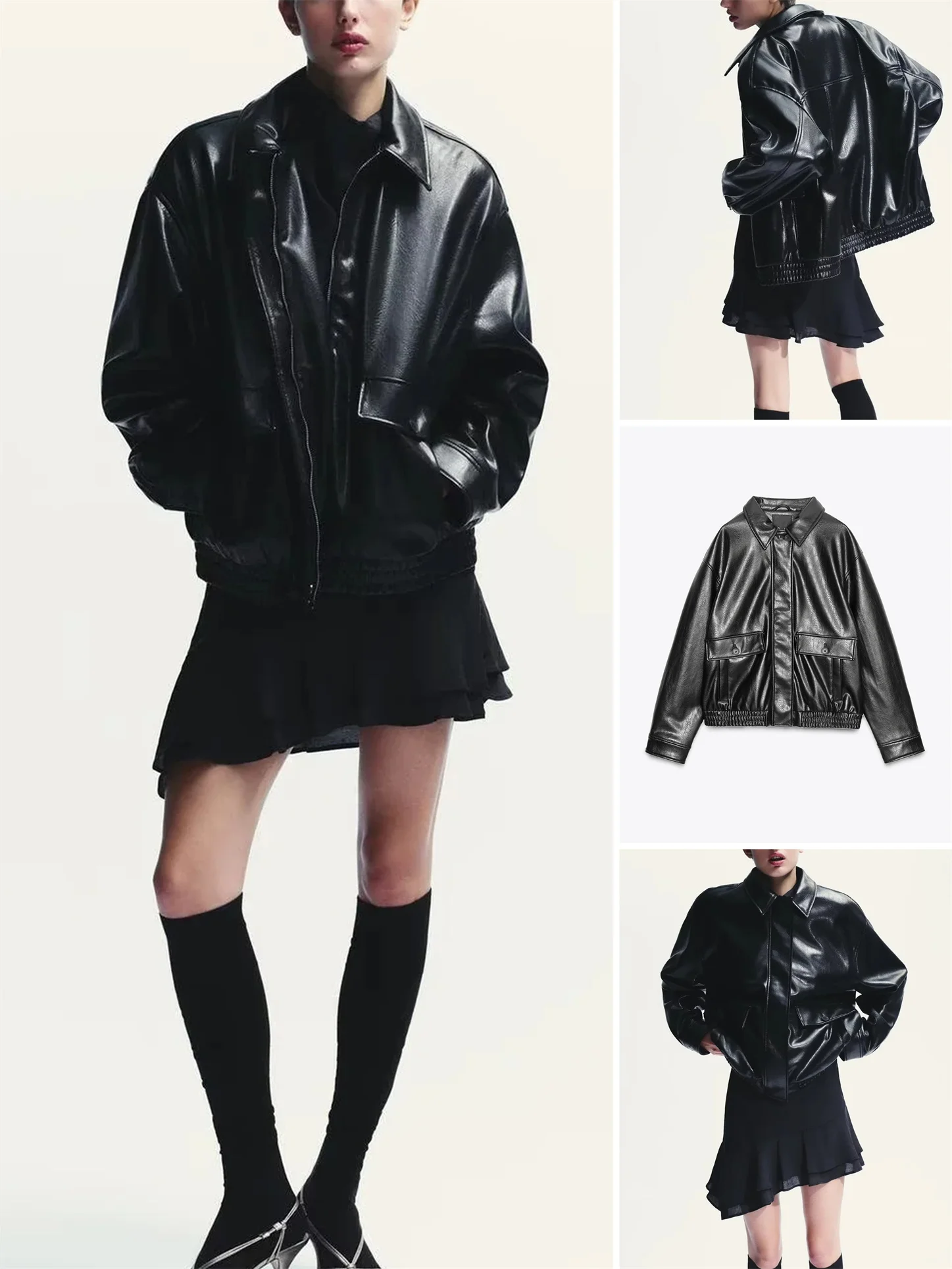 패셔너블 파일럿 재킷 여성용 롱 슬리브 PU 가죽 코트 출퇴근용 슬림 지퍼 클로저 루즈핏 레귤러 길이 중국산