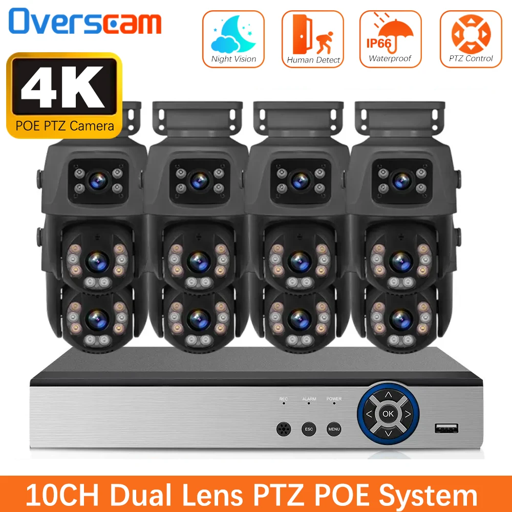

10-канальная 4K 8МП HD POE система видеонаблюдения для дома с PTZ-камерами, двойными объективами, уличными камерами, комплектом видеорегистраторов NVR и функцией обнаружения людей