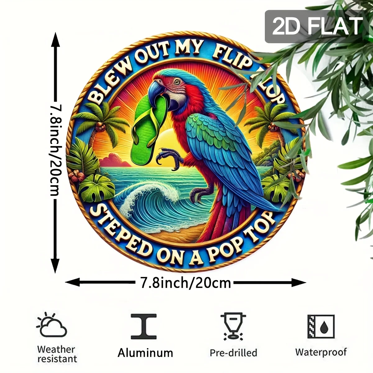 1pc Outdoor Summer Pool Parrot & Flip-Flop & Wave Metal Tin Sign, Tropical Seaside Beach Humorous Round 8×8 Inch Aluminum Sign 2