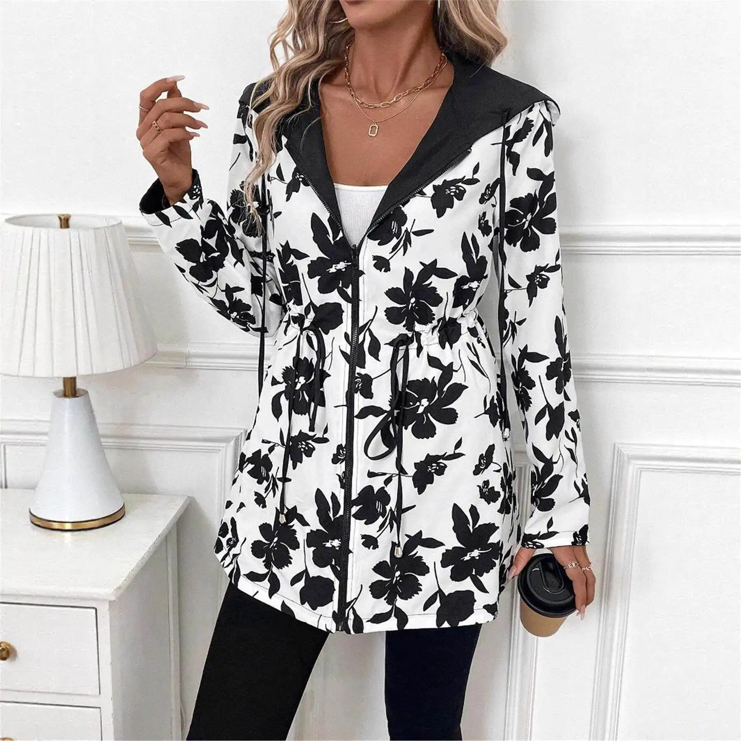 Sudadera larga informal con estampado de leopardo Jaet y cremallera con capucha de doble cara para mujer con cinturón corte holgado europeo Sle