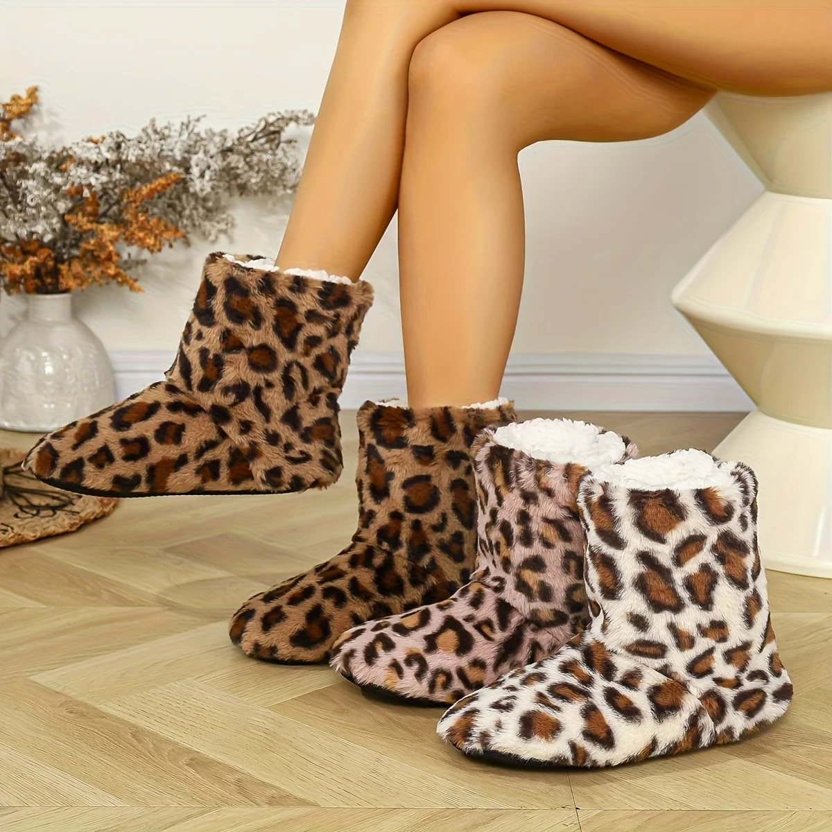 

Women Leopard Print Plush Slippers Winter Warm Faux Lined Soft Sole Cozy Indoor House Bootie Shoes Bedroom Home Footwear boots