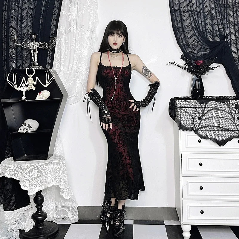 المرأة القوطية عبر يتدفقون حبال فستان ذيل السمكة ، فساتين طويلة المخملية ، الكتف البارد ، حزام السباغيتي مثير ، حفل زفاف ، الرجعية