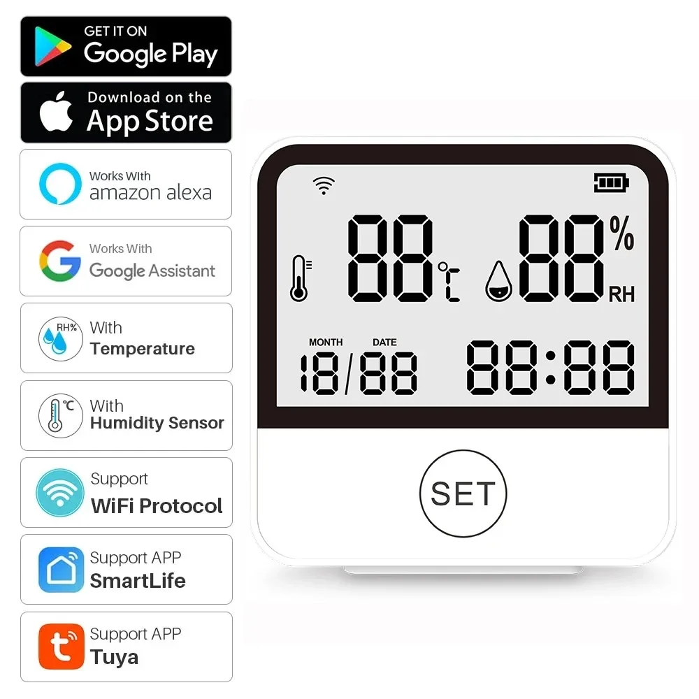 

Compact Smart WiFi Temperature & Humidity Sensor - Ideal for Home Use, LCD Hygrometer, Works with Alexa & Google Assistant