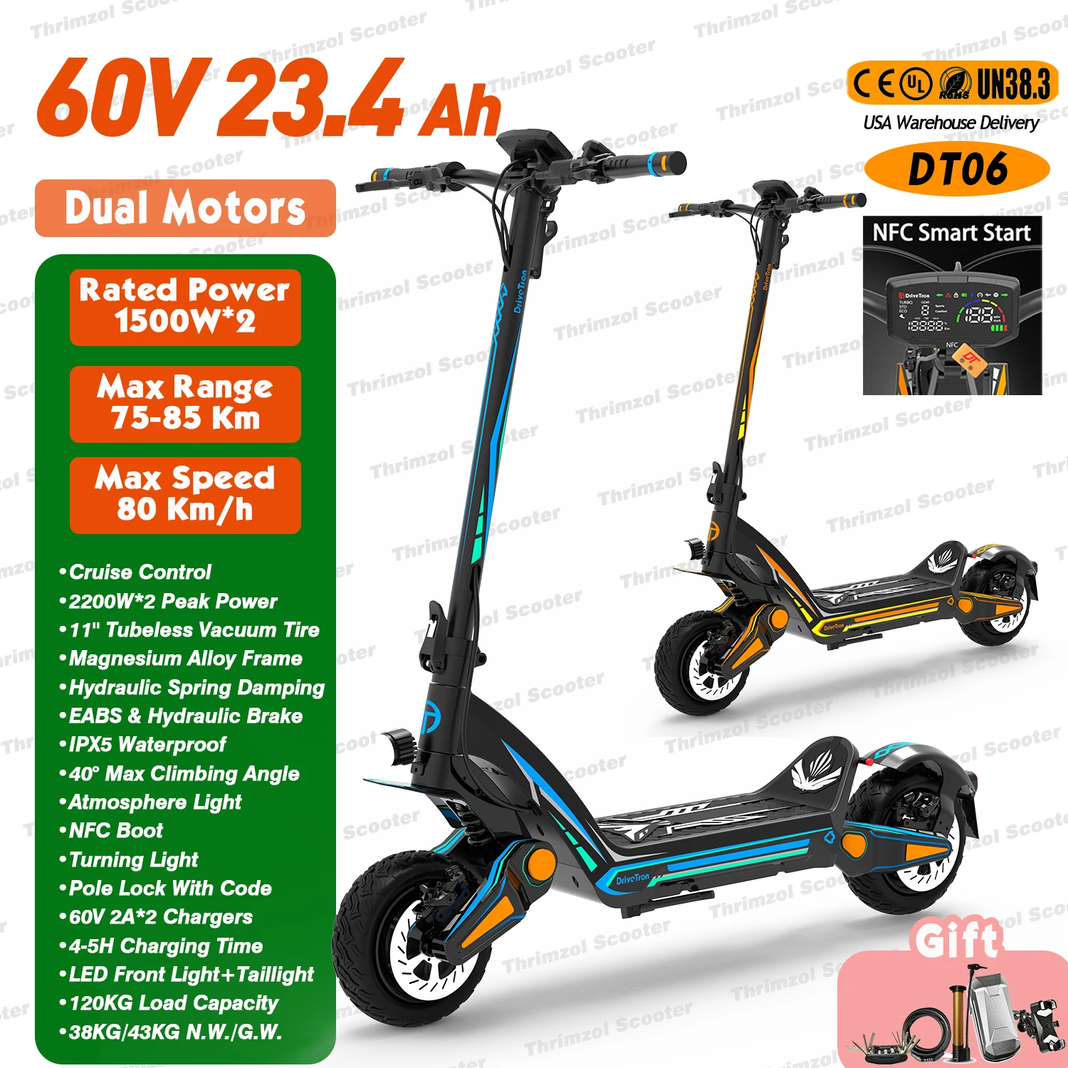 USA Warehouse Dropshipping UL Certified Electric Scooters For Adult 1500W*2 60V23.4Ah Electric Roller 80 km/h Folding E Scooter