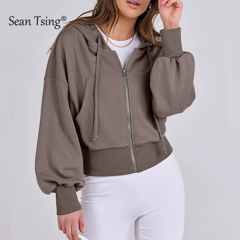 

Sean Tsing Women Hoodie Coat Zipper Long Sleeve with Pockets Sports Yoga Training Running Workout Casual Loose Female Sweatshirt