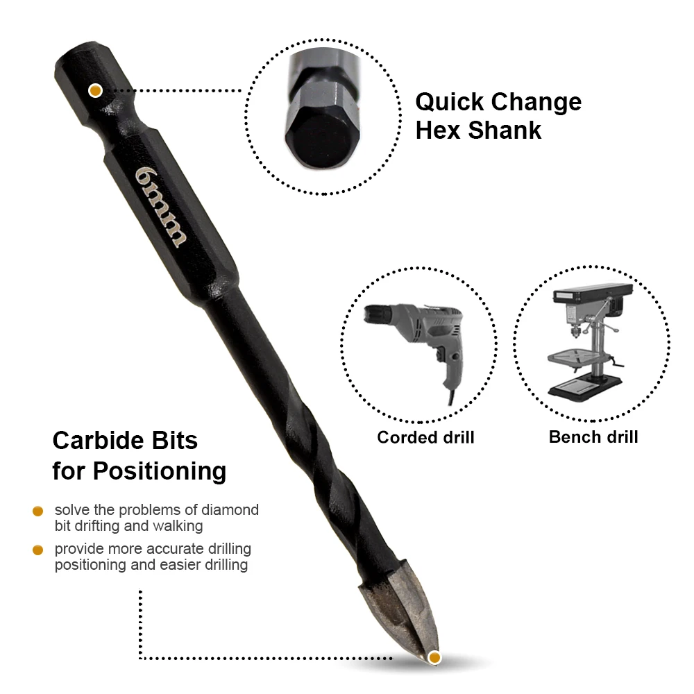 SHDIATOOL Diamond 5/6/8/10MM Dry Drilling Bits Quick-Fit Shank 6mm Carbide Porcelain Tile Marble Granite Masonry Hole Saw Cutter