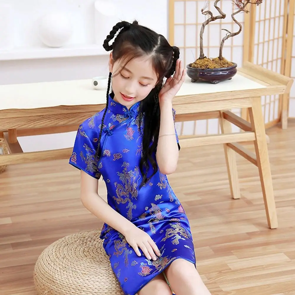 Summer Silk Niche Design Dragon Phoenix Pattern Chinese Style Dress Girls Cheongsam Kids Traditional Dress Qipao Girls Skirt