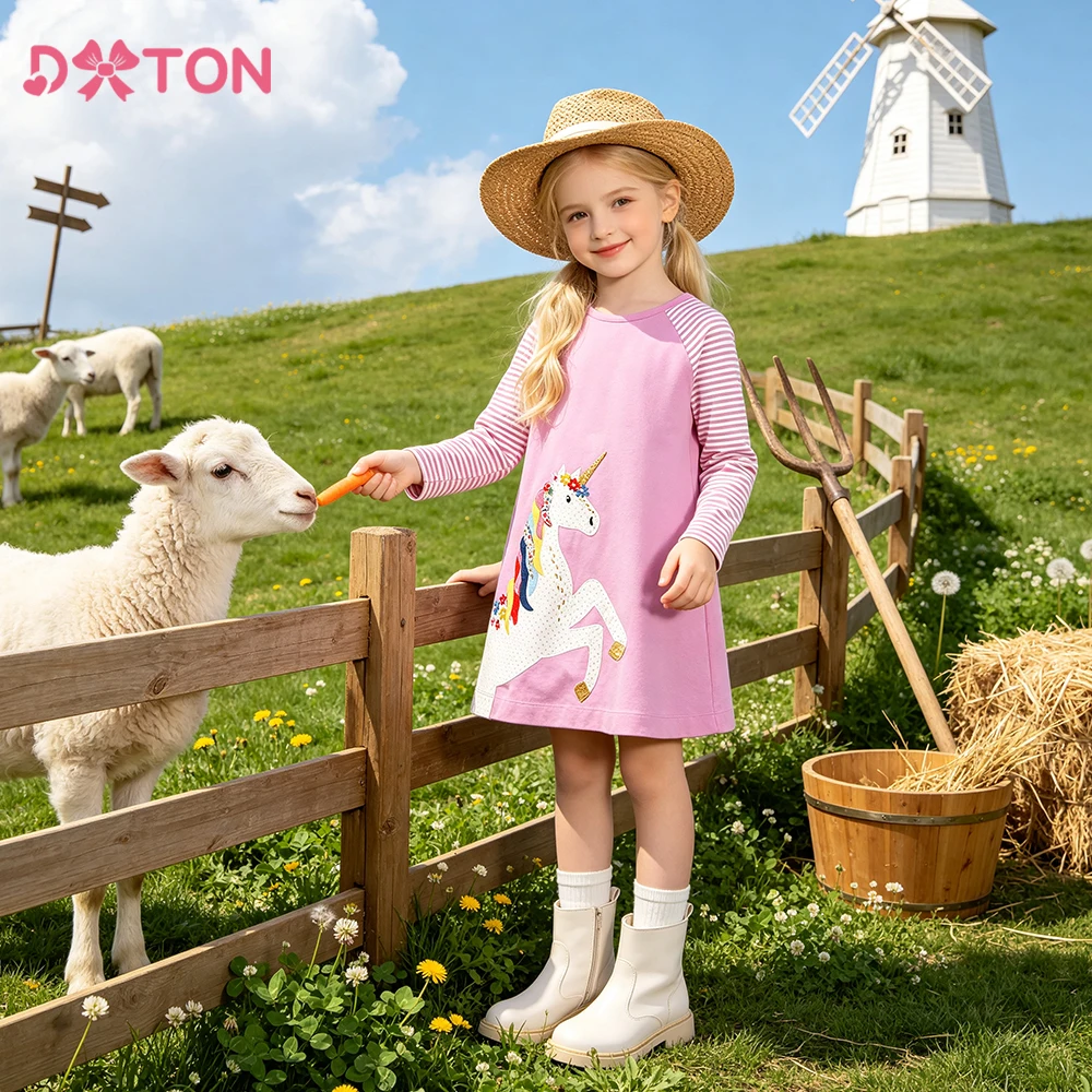 DXTON Cotton Girls Dresses Striped Kids Long Sleeve Dress Unicorn Applique Children Daily Clothing Cartoon Girls A-line Dress