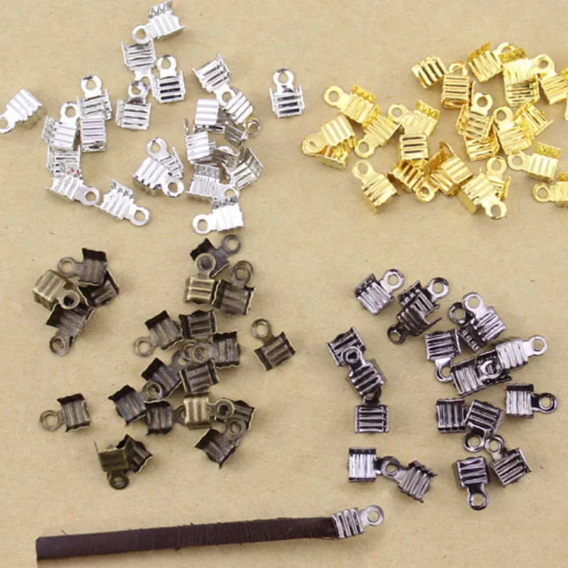 200pcs 6 7 8 10mm Trilinear Crimp Beads Cove Clasps Cord End Caps String Ribbon leather Clip Foldover For Necklace Connectors