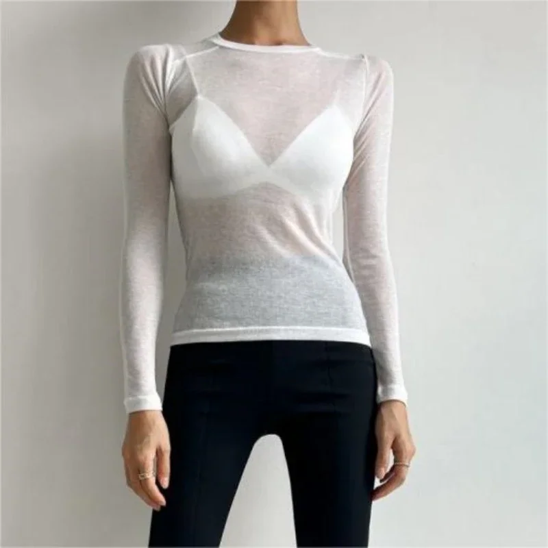 Women Long Sleeve T Shirt Thin Perspective Summer Solid Slim Casual Shirts Female Pullovers Basic Tee Y2k Clothes Streetwear Top