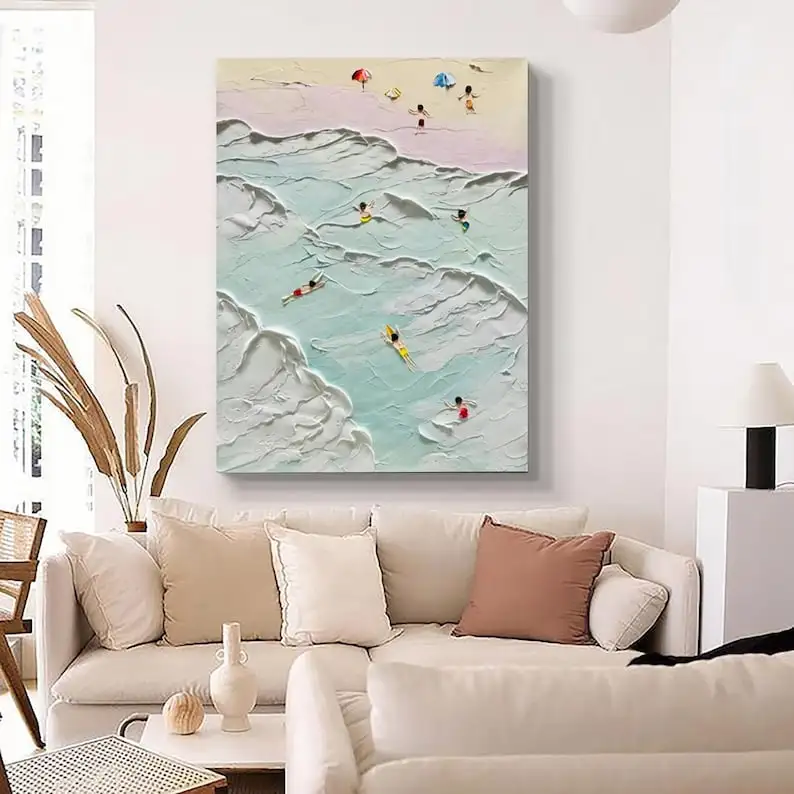 Happy Coast Painting Swimming Painting Original Abstract Seascape Seaside Oil Painting White Waves Beach Texture Home Decor Art