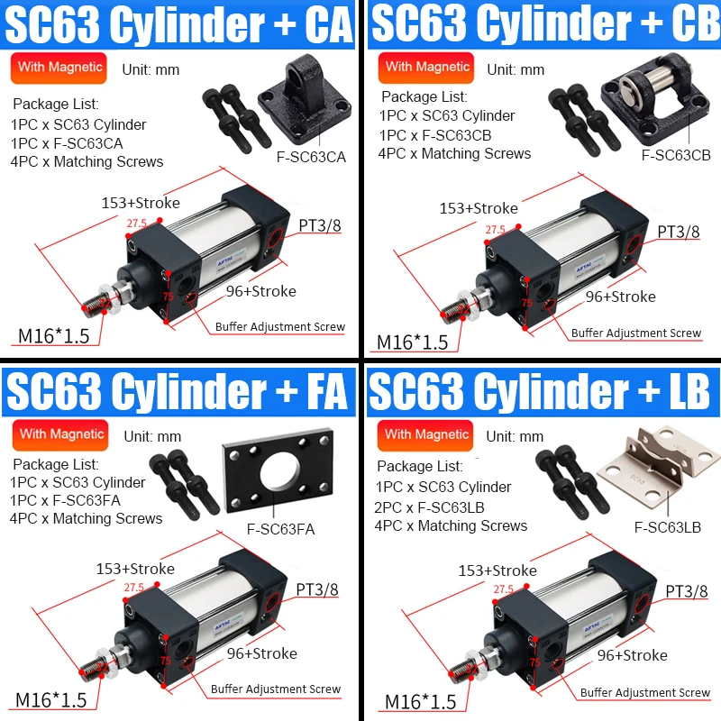 SC63X1000 Pneumatikzylinder 100-1000mm Hub Doppeltwirkender Luftzylinder für Verpackungsmaschinen, kundenspezifischer Hub verfügbar – Detail 1