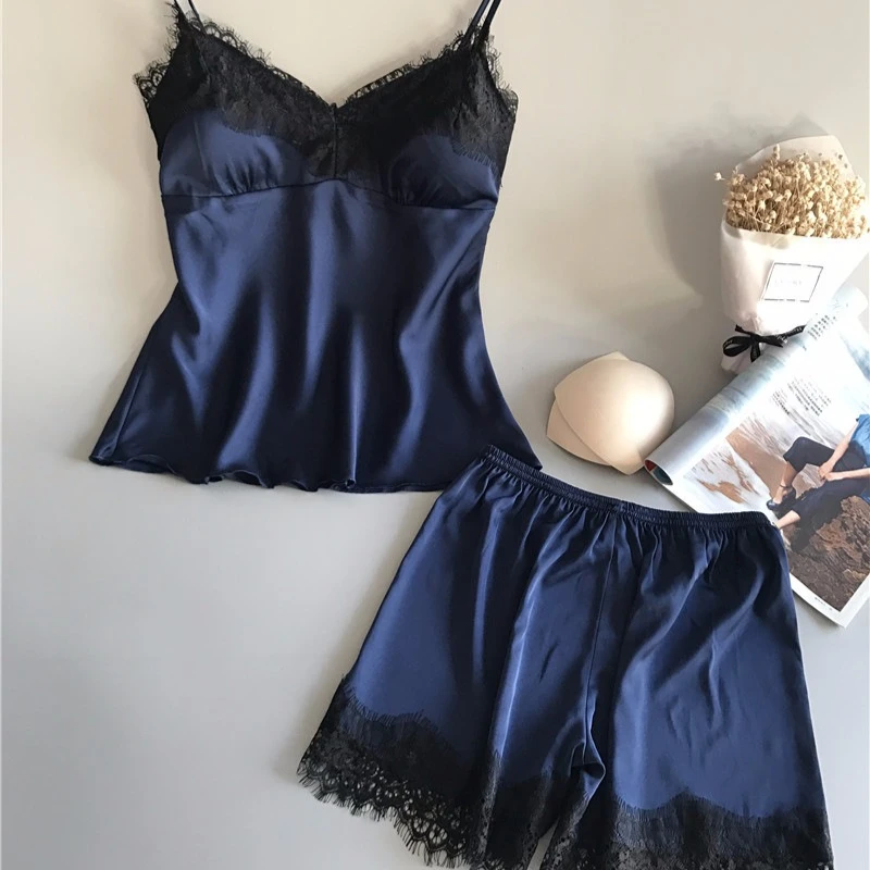 Luxurious Dark Blue Satin Cami Set Adorned With Eyelash Black Lace Trim On V-Neckline And Shorts Hem Sets