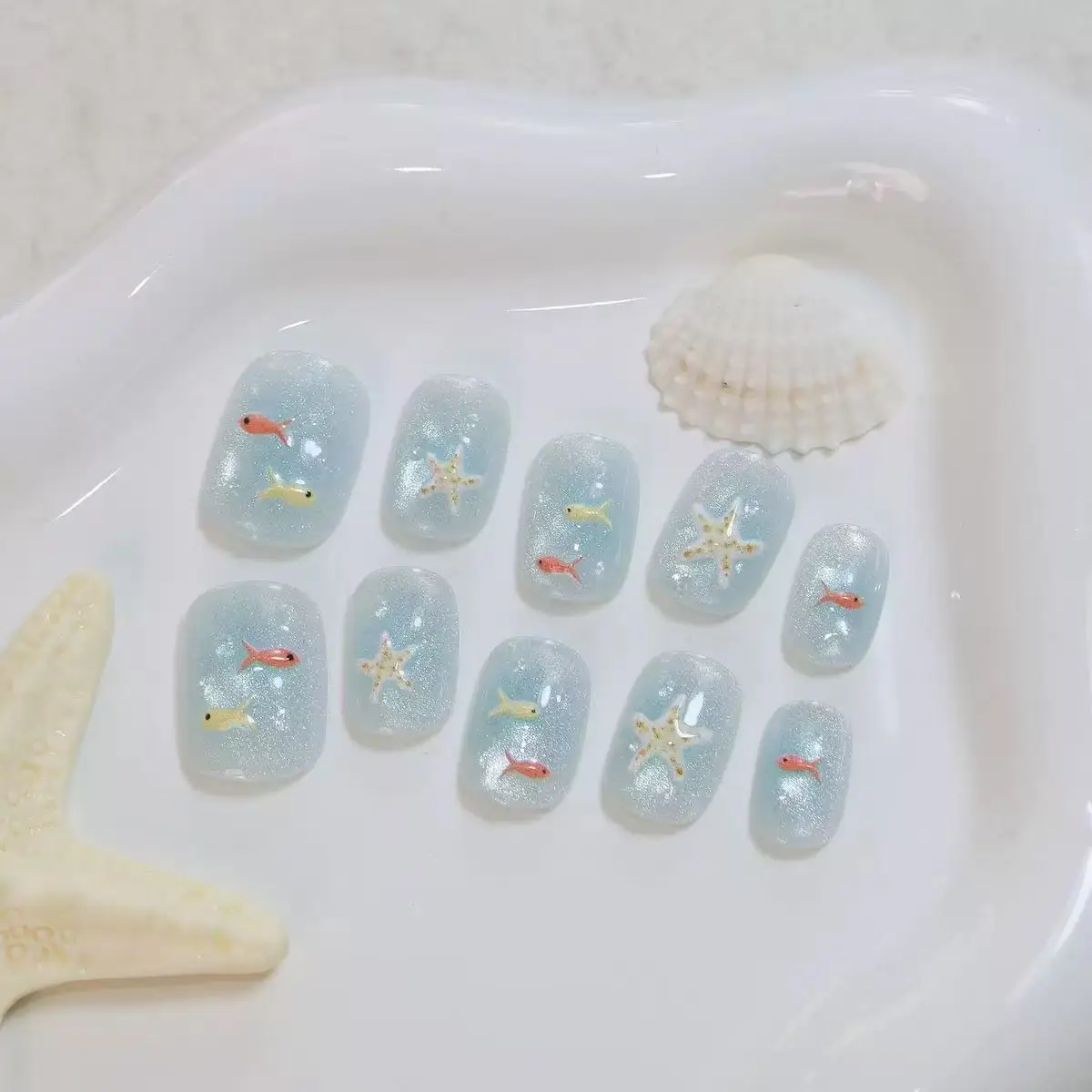 10pcs Short Square Press On Fake Nails Blue Glitter Cat Eye Ocean Style Starfish Fish Design Reusable Women False Nail Tips