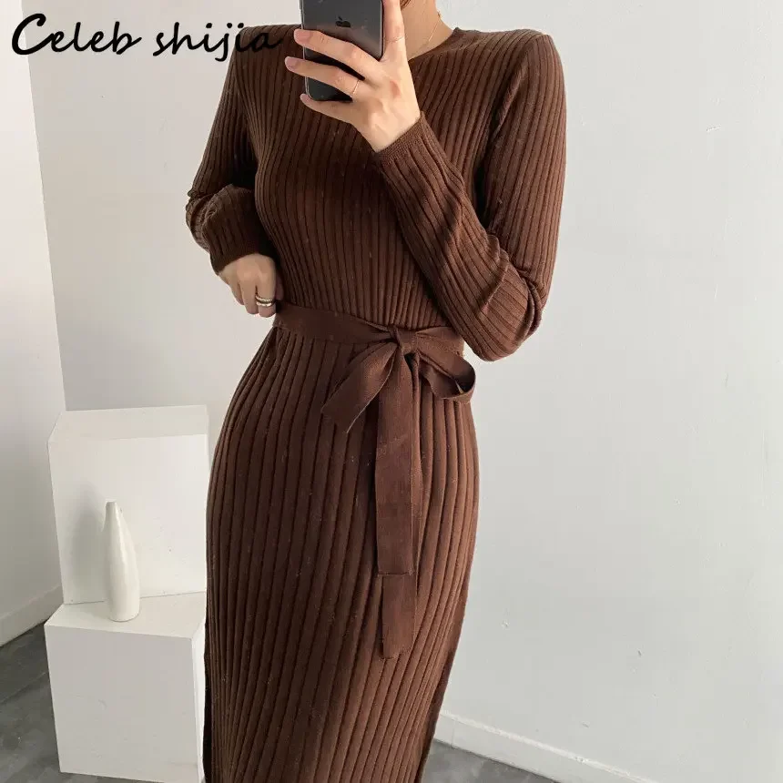 Winter Coffee Knitted Dress Women Lace-up O-neck Elegant Woolen Dresses Ladies Autumn Oversized Streetwear Knitwear Chic