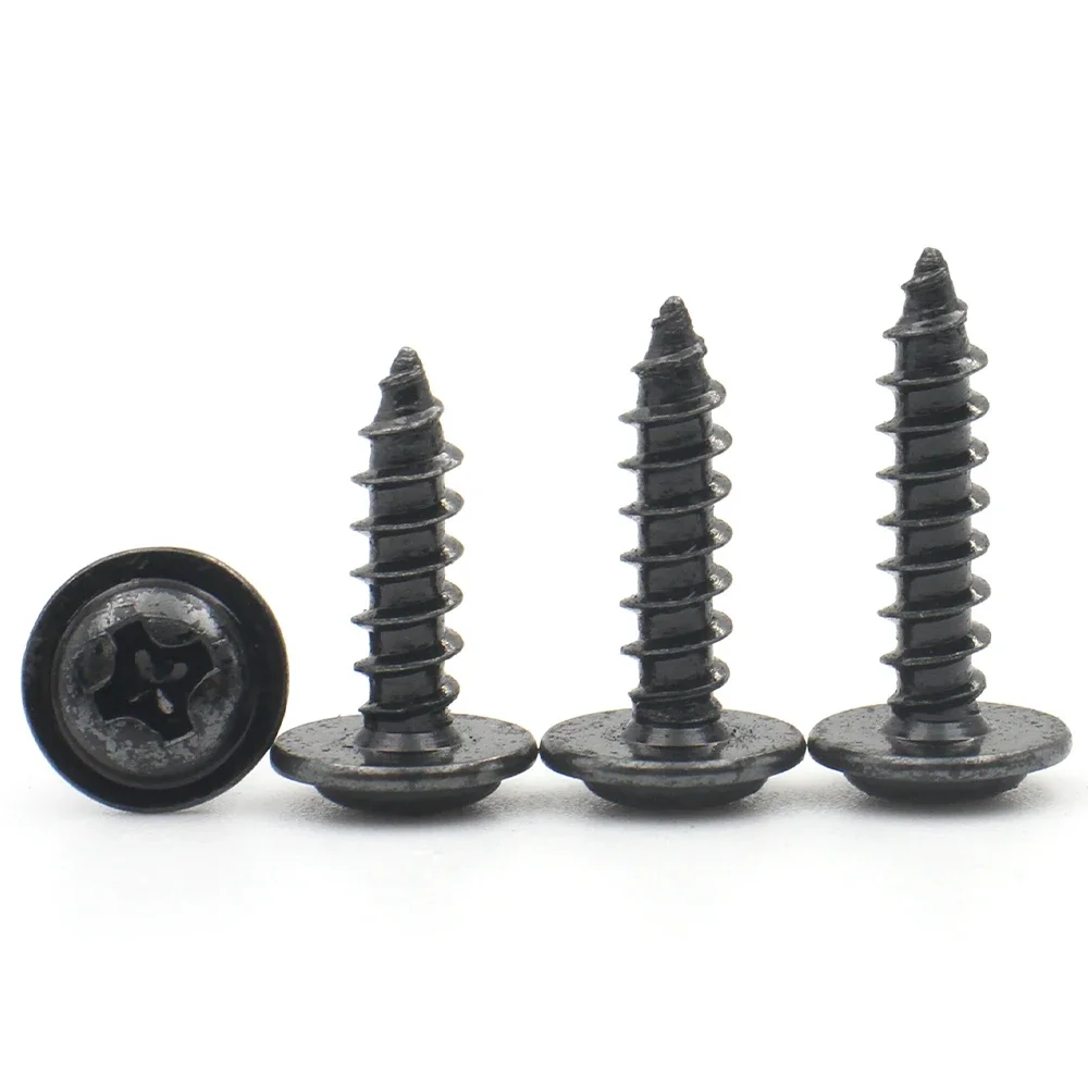 50/100/200pcs M1.4 M1.7 M2 M2.3 M2.6 M3 M3.5 M4 Black Steel Small Mini Cross Phillips Round Head with Washer Self-Tapping Screw