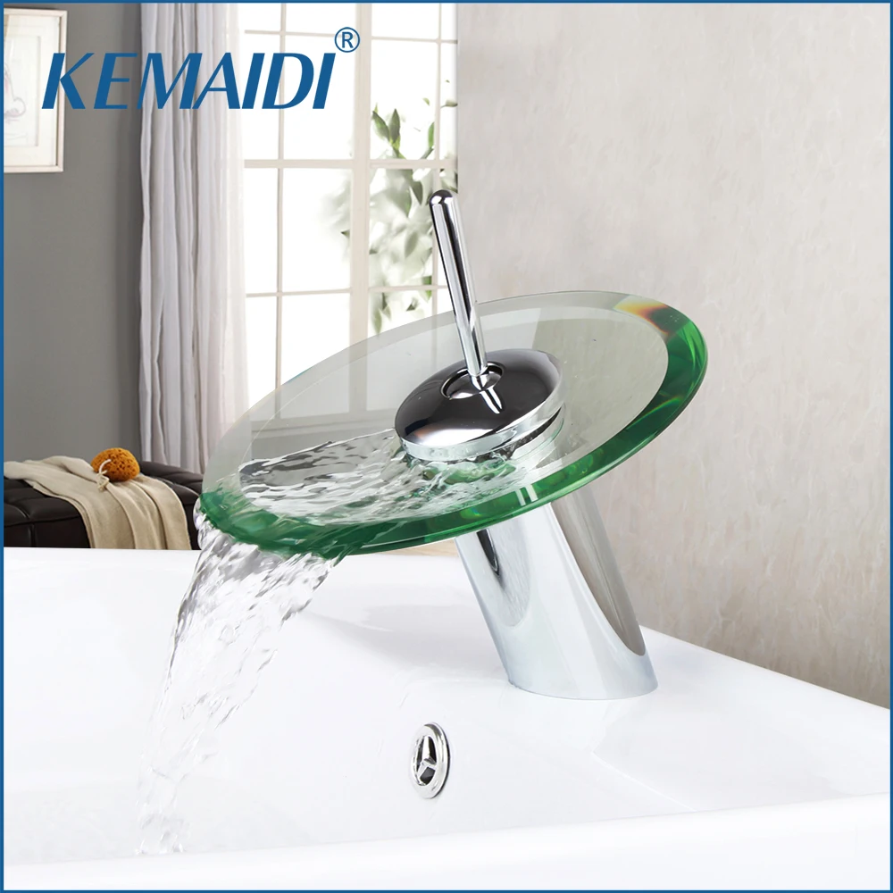 KEMAIDI Bathroom Sink Faucet Tempered Glass Waterfall Faucets Hot Cold Mixer Tap Single Lever Deck Mounted Mixer Crane