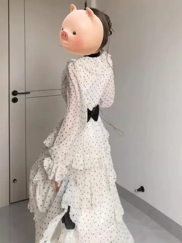 

Spring Fashion Polka Dot Waist Cinched Fairy Long Dress Beautiful Unique Genteel Style High Waist Cotton Blend Midi Dress