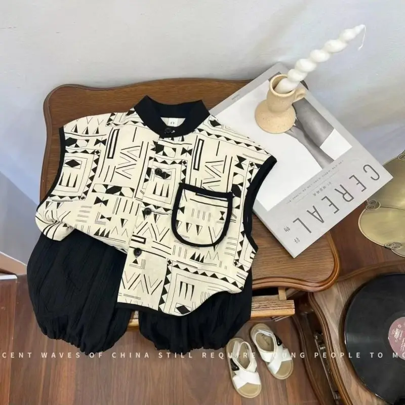 

Chinese Style Summer New Boys Stand Collar Button Contrast Color Printed Spliced Stylish Loose Sleeveless Elastic Shorts Sets