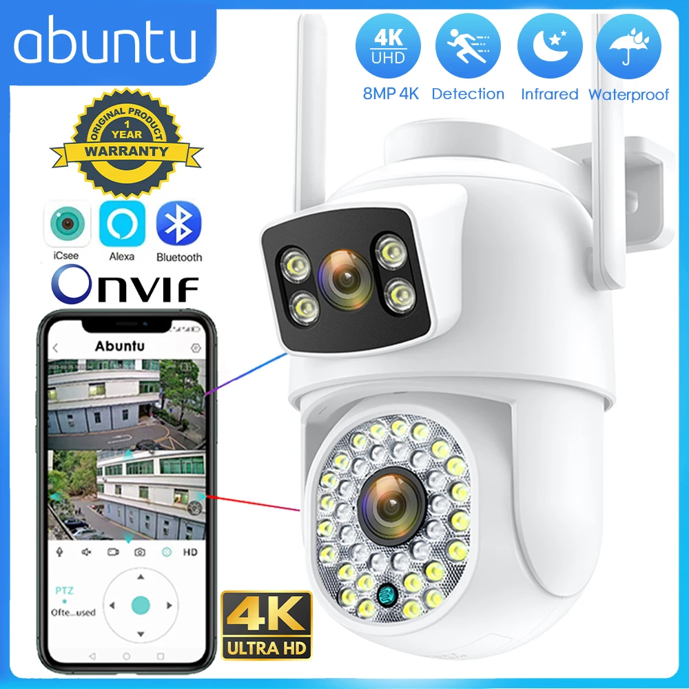 ABUNTU 8MP 4K Outdoor Wifi Surveillance Camera Dual Lens Wifi Camera ICSEE Night Vision HD CCTV Security Camera Human Detection