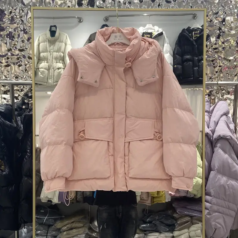 

Korean Style Thickened down Cotton Jacket Women's Hooded Short Loose Cotton Coat Fashionable Small Size Winter New Arrival