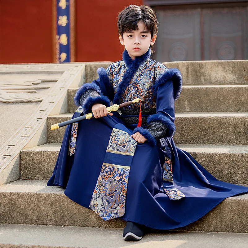 Boys' Hanfu Winter New Style Children's Ancient Costume With Thick Velvet High End Martial Arts Guests Handsome Tang Performance