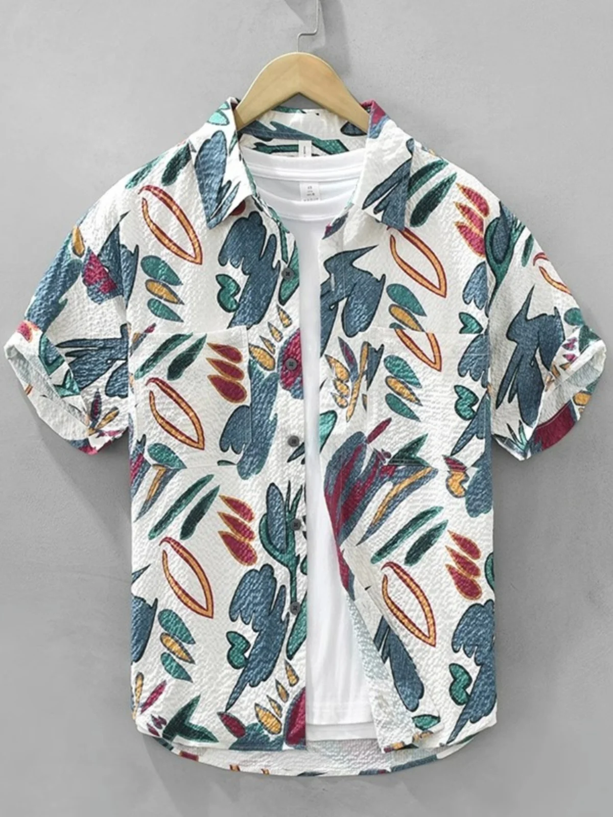 

Мужская летняя тонкая футболка из ткани Bubble Cloth с цветочным принтом, свободного кроя, в японском повседневном стиле, молодежный модный тренд