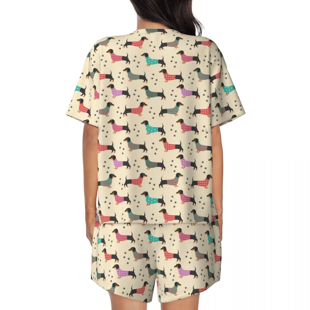 Custom Cartoon Dachshund Dog Pattern Pajamas Set Women 2 Piece Short Sleeve Sleepwear Loungewear PJS Shorts Sets