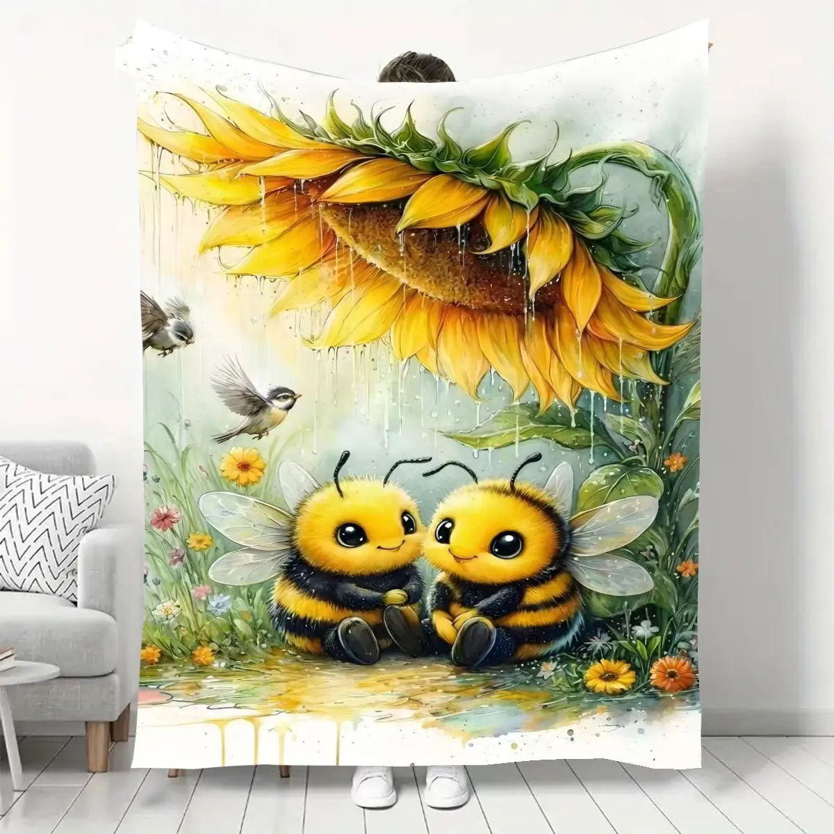 Bee Sunflower Raindrop Fairy Tale Nature Scene Soft Cozy Throw Blanket for Sofa Bed Whimsical Escape