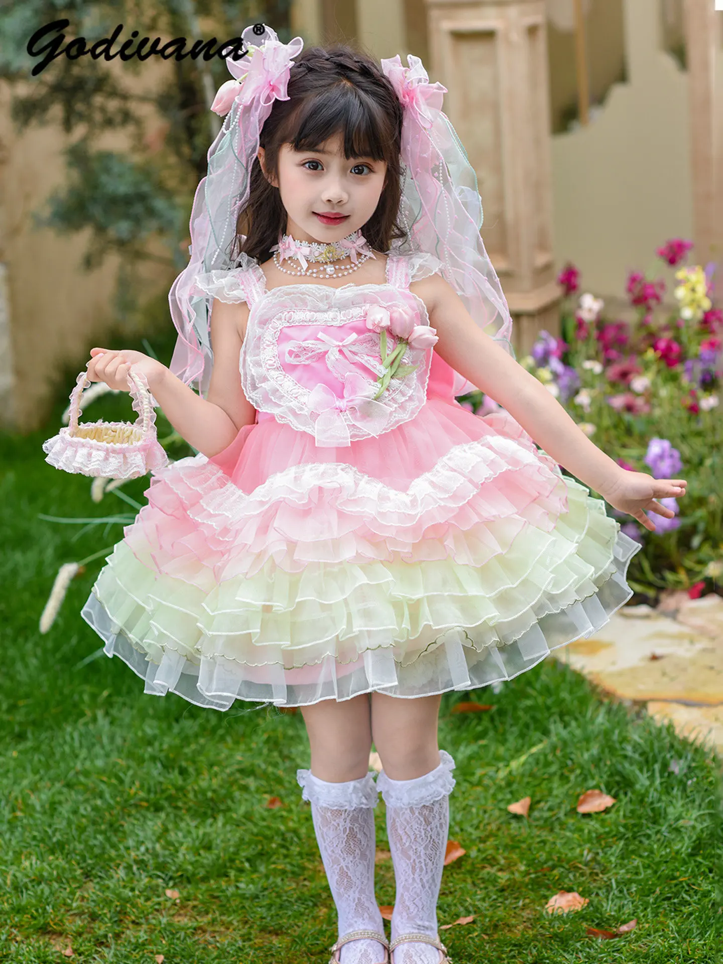 Sweet Baby Girls Heavy 3D Floral Tulle Lolita Dress Little Girl Summer New Bow Train Lace Trim Birthday Party Princess Ball Gown