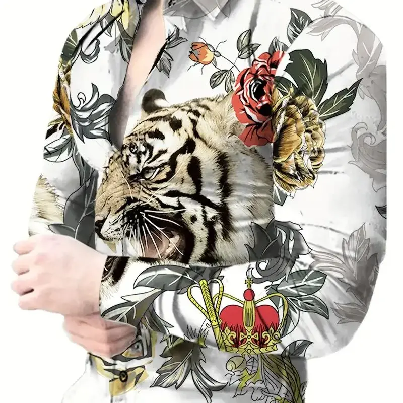 Fierce Tiger And Flower 3D Graphic Print Men\'s Novelty Long Sleeve Button Up Shirt, Spring Fall, Street Style