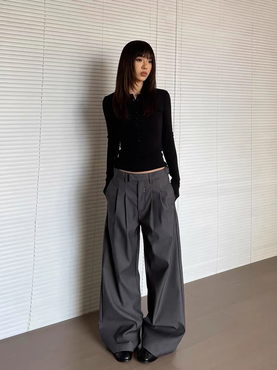 Calças Casuais de Cintura Alta com Pregas Estilo Americano para Homens e Mulheres Design Vintage Soltas e Es