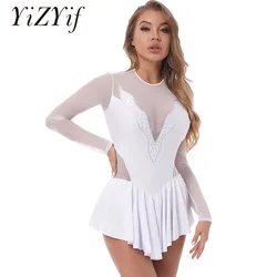 Women Long Sleeve Ballet Tutu Gymnastics Leotard Dance Dress Adult Rhinestone Mesh Lyrical Dance Costumes Figure Skating Dress